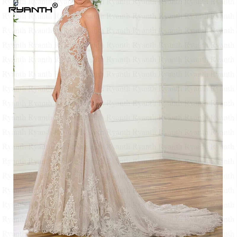 Vestido De Noiva Scoop Lace Mermaid Wedding Dresses Backless Applique Weding Gowns Hot Sale Bridal Gown Robe Mariee | Свадьбы и