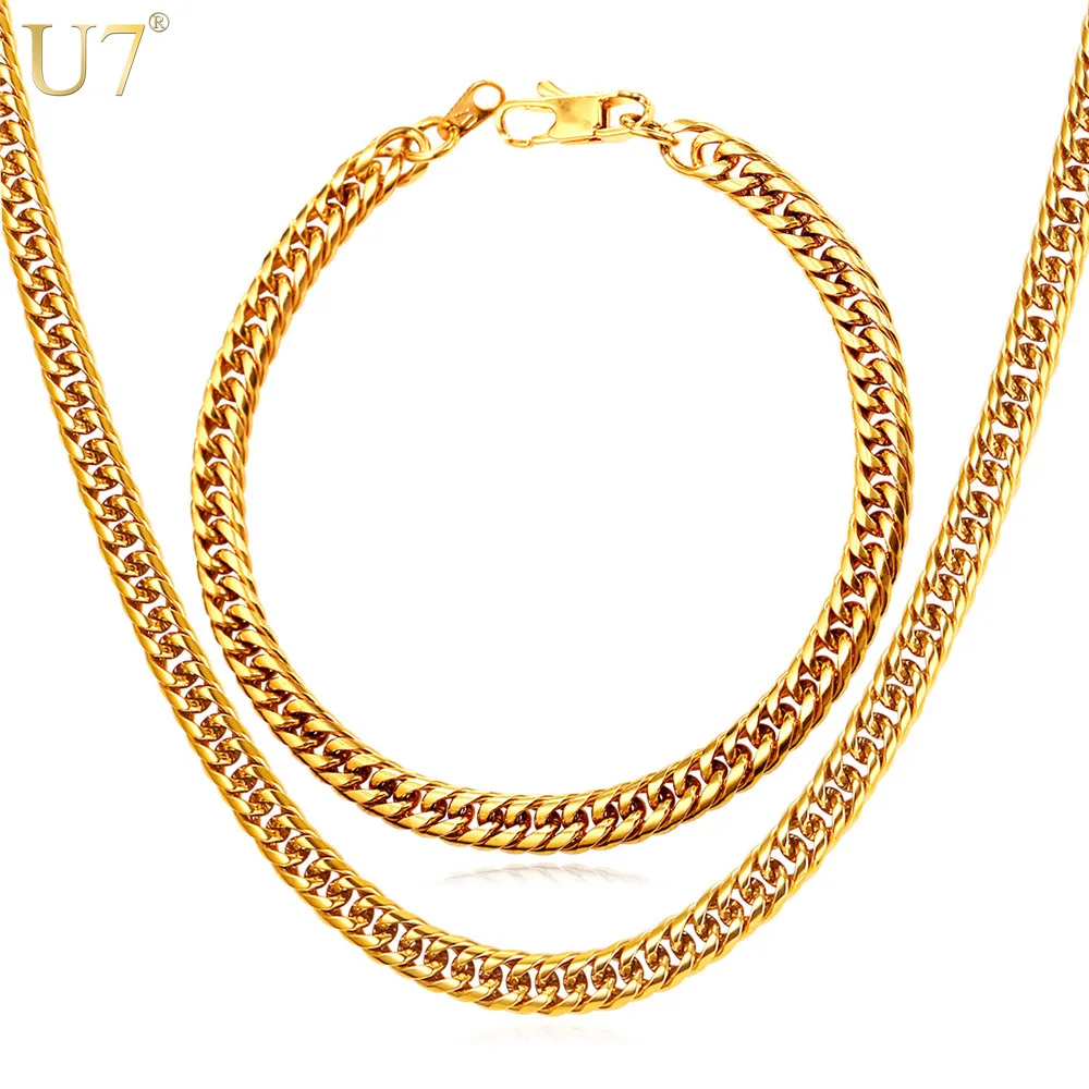 U7 Позолоченный Панцирь Цепь Ожерелье и Браслет Ювелирные Наборы Щирина 6mm Хип Хоп