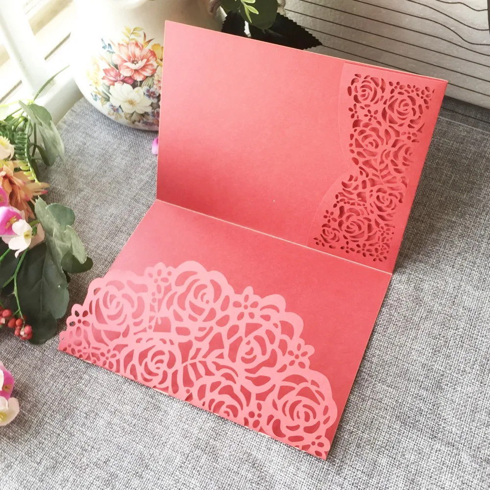 

50Pcs/Lot Luxurious Rose Pearl paper Card Wedding Invitations Annivery Birthday Party Invitations Blessing Greeting Card
