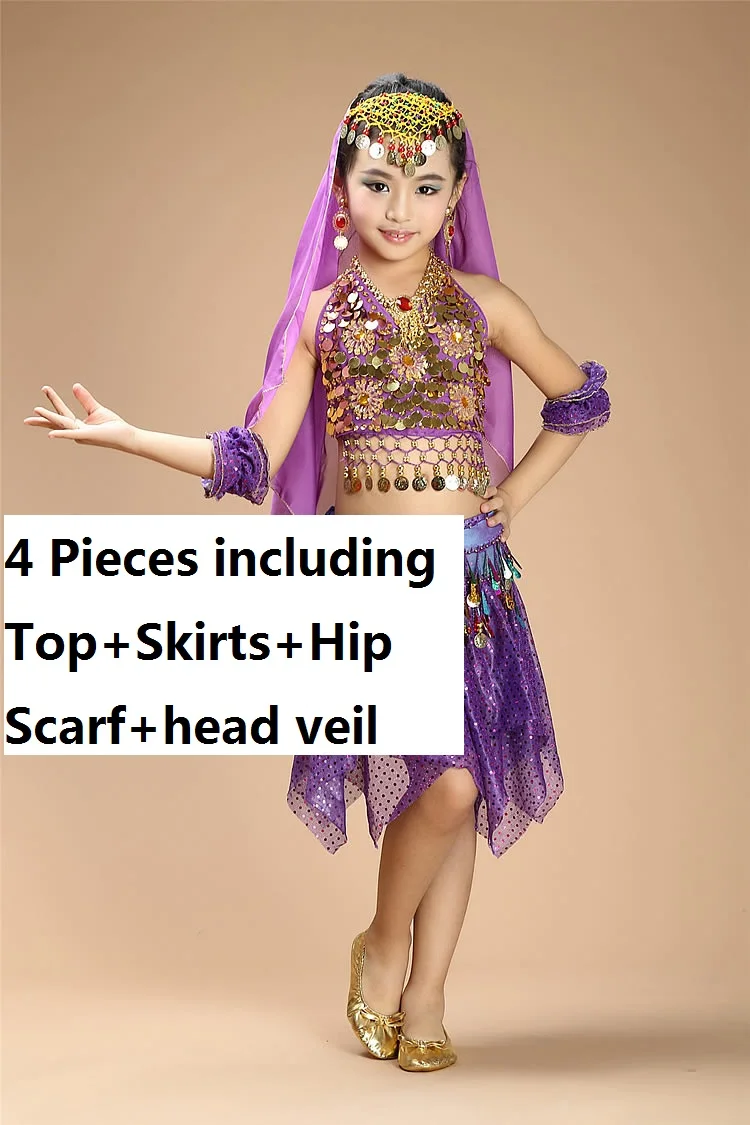 purple4pcs Кружевные детские танцевальные костюмы для девочек, восточные костюмы для танца живота, профессиональные Сексуальные Восточные платья для детей - Цвет: purple4pcs