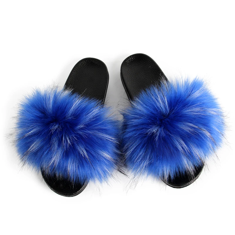 Raccoon blue Женские шлепанцы с искусственным мехом; пушистые сандалии-шлепанцы с пушистым верхом; домашняя обувь с открытым носком; женская обувь на меху - Цвет: Raccoon blue