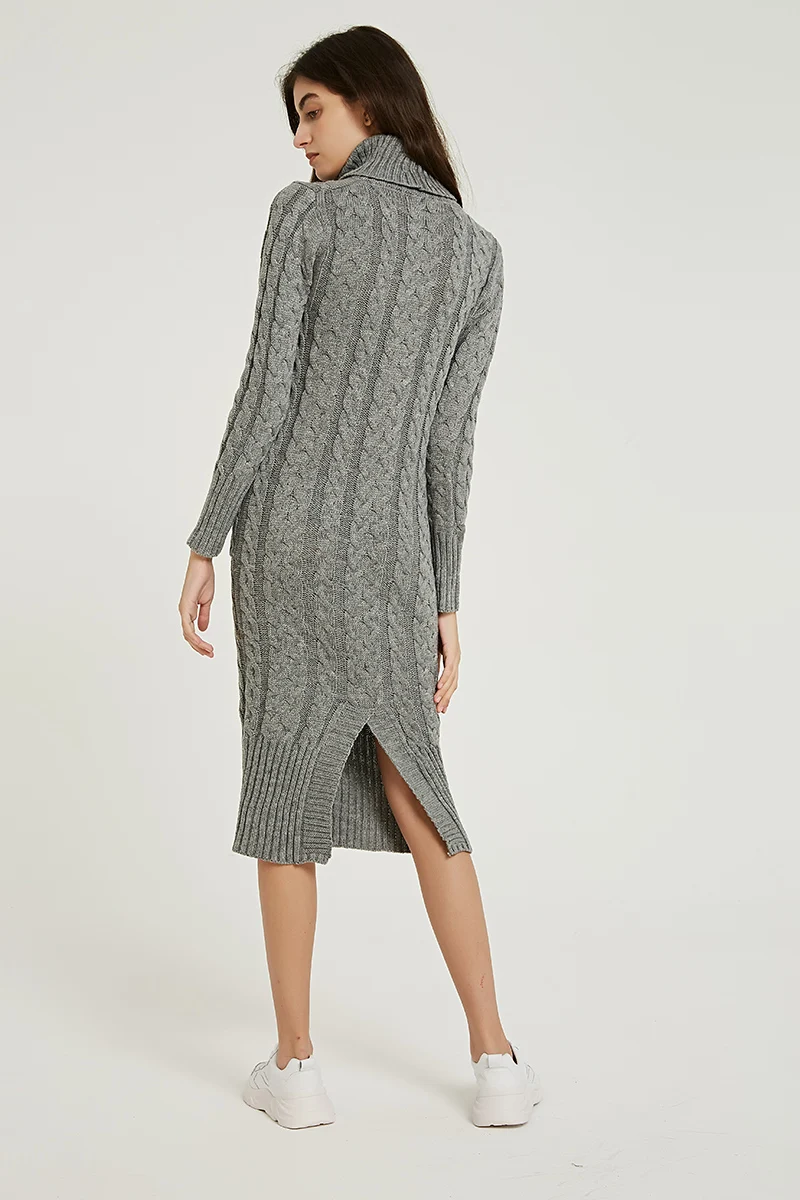 Wixra Knitted Dress Autumn Winter Solid Turtleneck Mid-Calf Pockets Sweater Dresses Women's Clothing