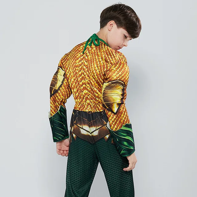 Новый детский костюм для косплея Aquaman золотой комбинезон с мышцами мальчиков