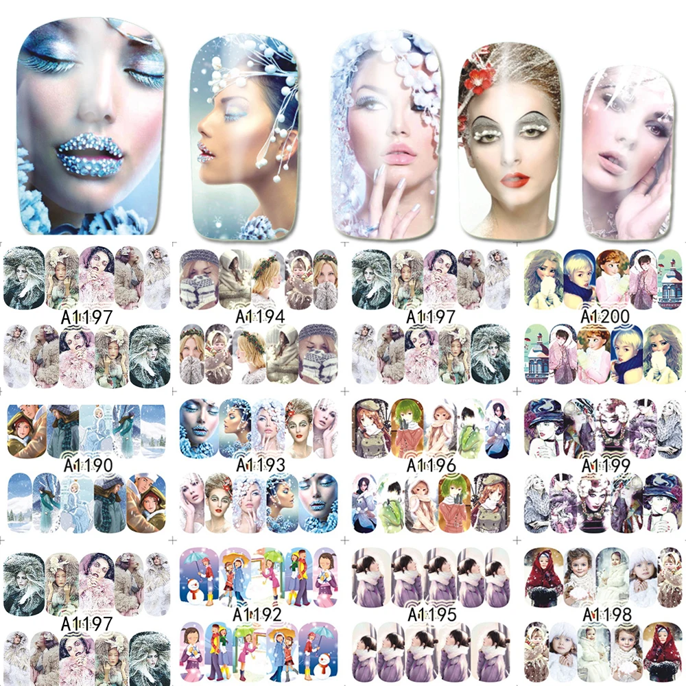 12 видов конструкций Мультяшные наклейки для девочек переводные ногтей зимние