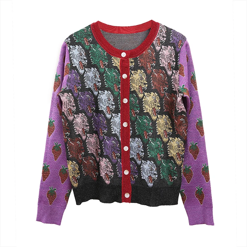 2018 Autumn Winter Luxury Silk Sweater Cardigans Women Runway Designer Tiger Print Long Sleeve Ladies Purple Knit Jumper Clothes |