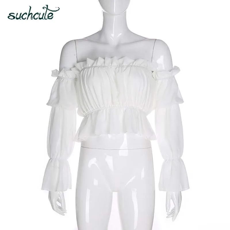 white blouse SUCHCUTE блузка Для женщин на одно плечо, длинное платье с длинным рукавом, с кружевами, лентами и топы женские летние корейский стиль Modis Харадзюку Готический Haut Femme - Цвет: white blouse