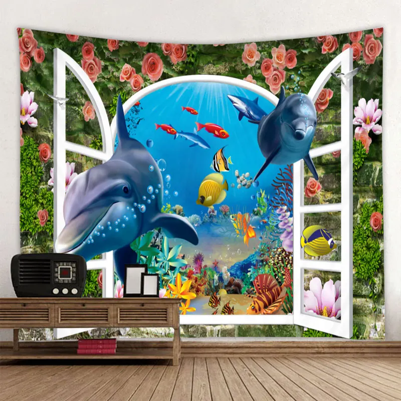 Настенный гобелен с изображением дельфина снаружи окна дешевый хиппи богемные