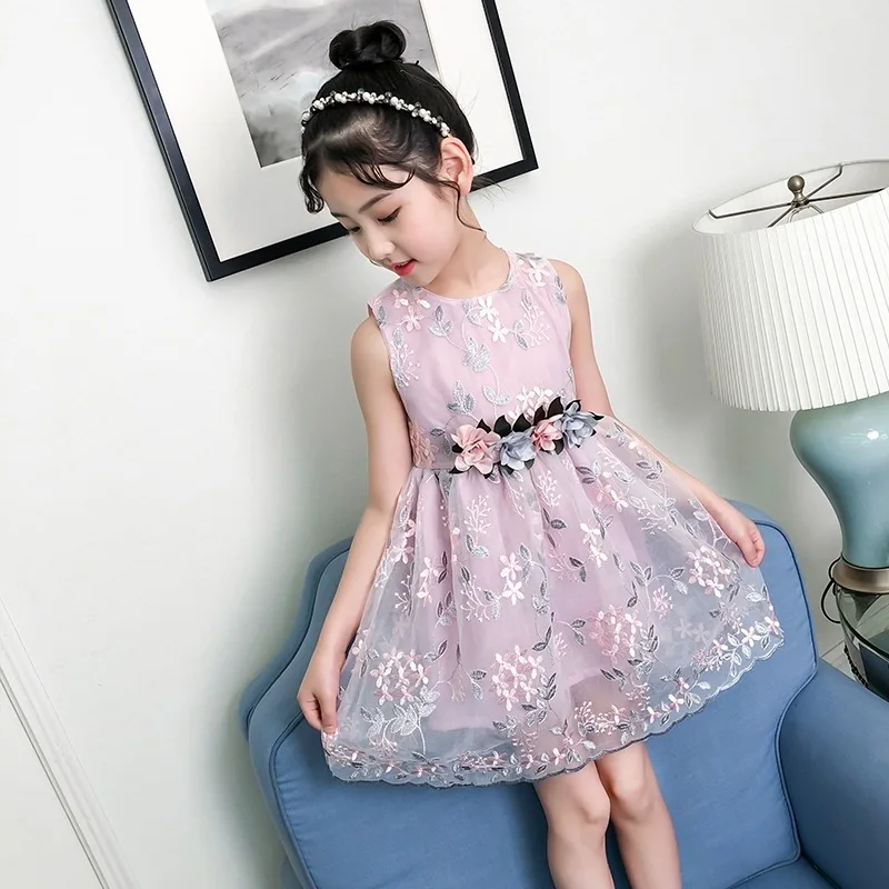 Girls Summer Jumper Dress Princess O-neck Sleeveless Vest Dresses Flower Embroidery Casual Kids Tulle Frocks | Детская одежда и