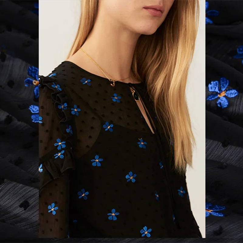 Lace63 высокого класса пользовательские ткани черного цвета с вышивкой синие цветы