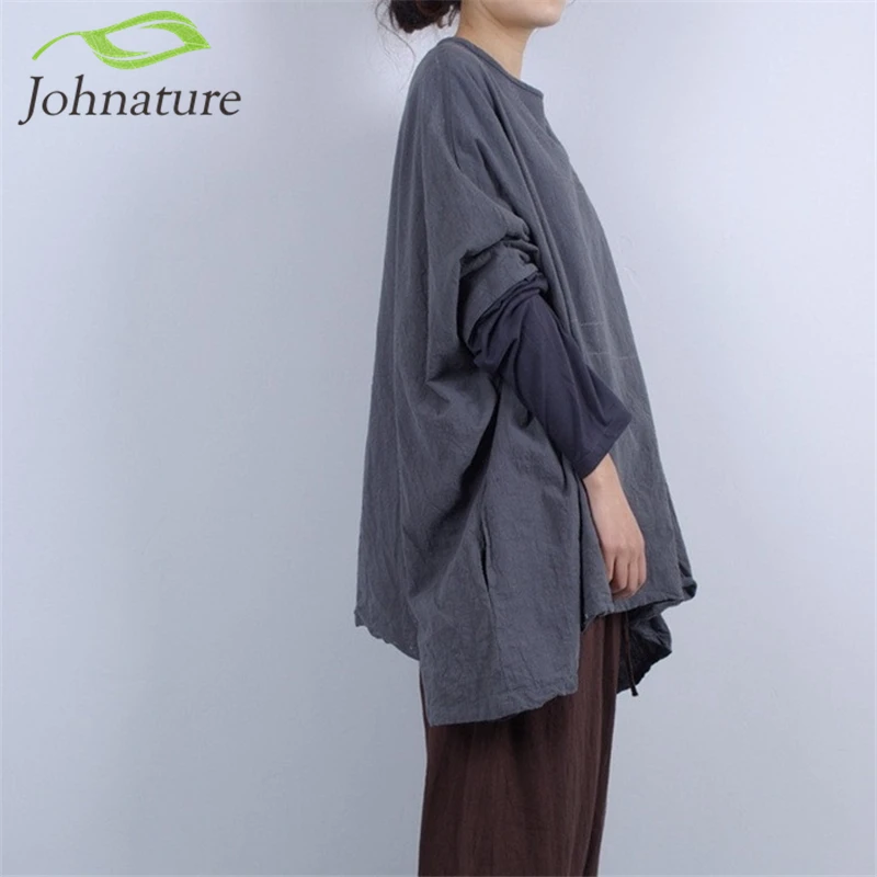 Женская свободная футболка Johnature винтажный Хлопковый пуловер с длинными