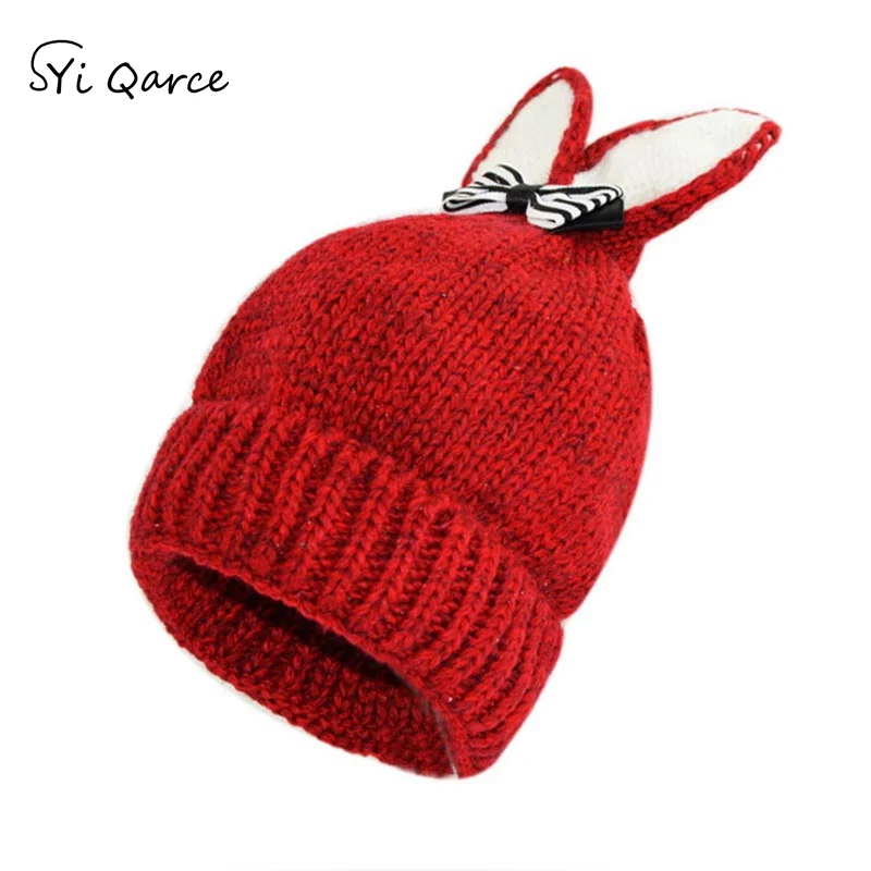 Red SYi Qarce, детские зимние вязаные шапки Skullies Beanies, шапка с милыми заячьими ушками для мальчиков и девочек 3-6 лет, милая шапка, NM476-82 - Цвет: Red