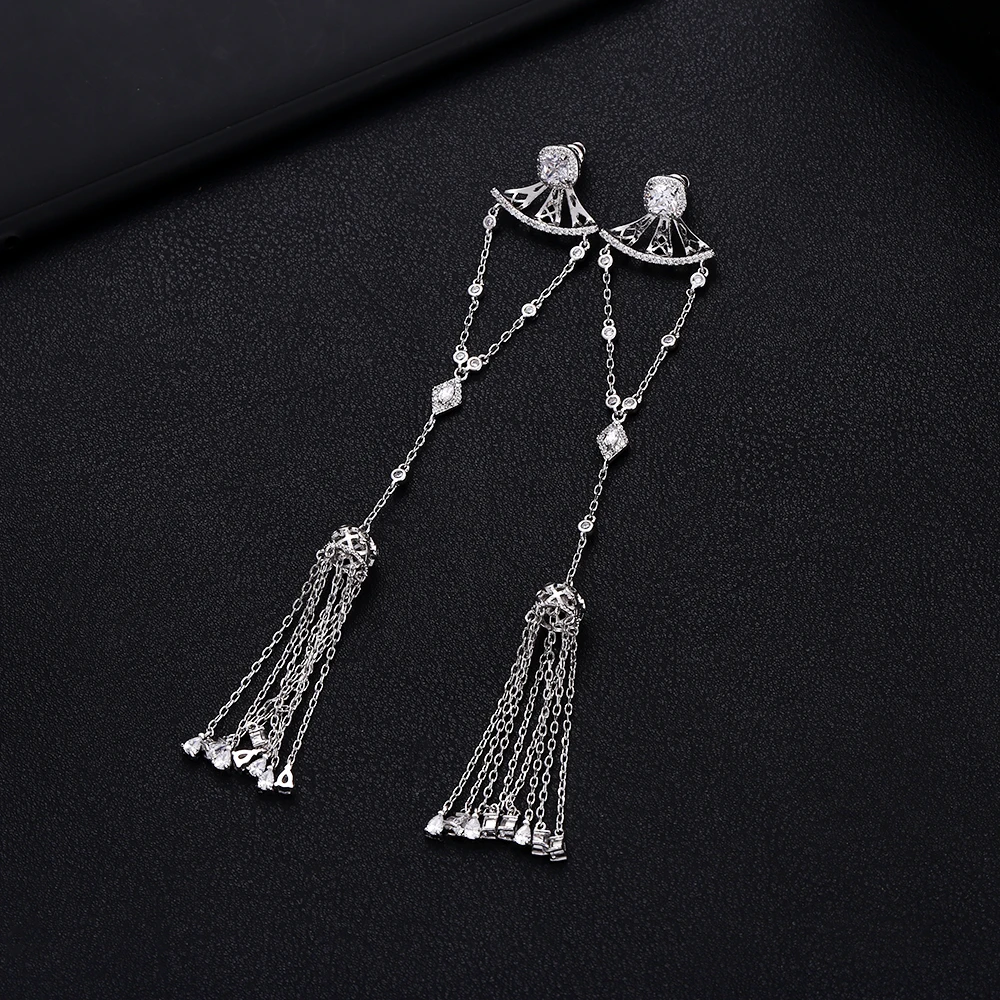 JanekellyTrendy роскошные длинные кисточки Висячие серьги для женщин Свадебные кубический циркон Кристалл Африка Дубай серебряные свадебные серьги