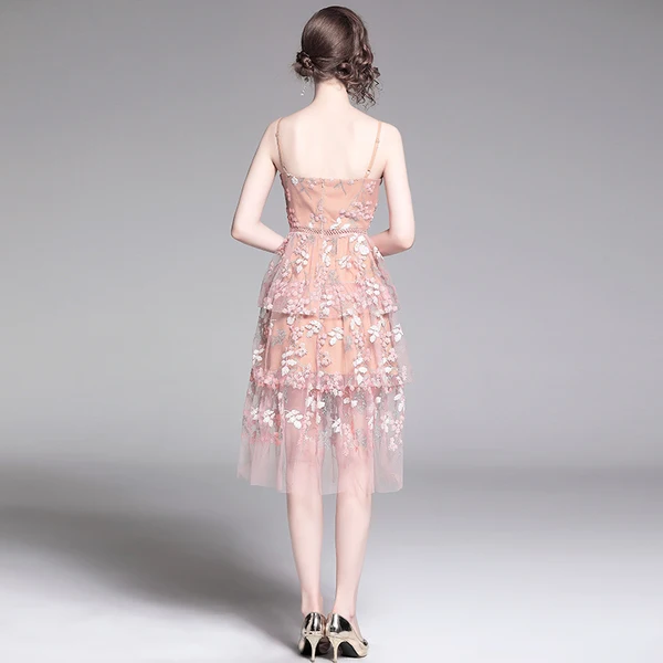 Женское Сетчатое платье с вышивкой SHTONGHUA розовое облегающее на бретельках