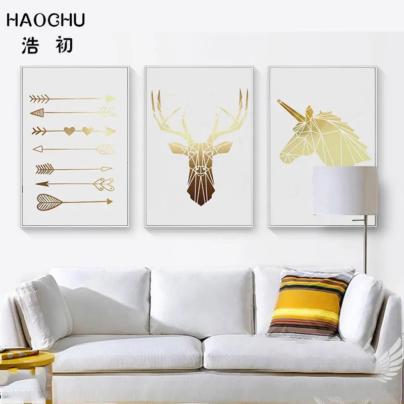 HAOCHU Nordic Золотой голова оленя геометрический рисунок холст картины плакат
