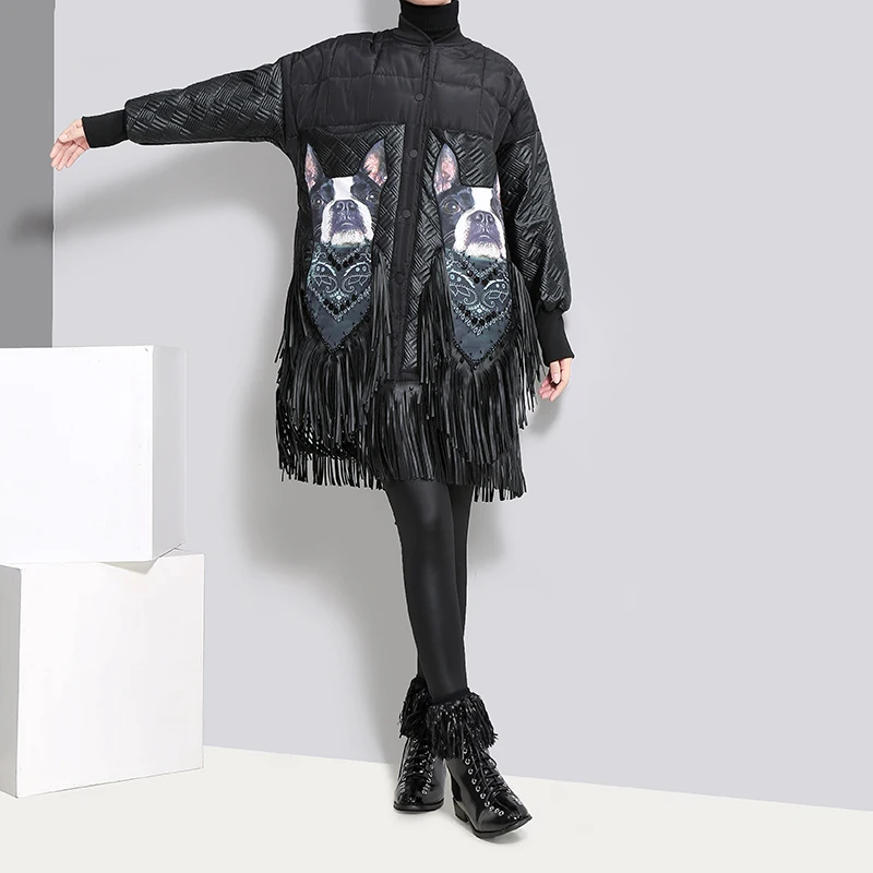 2018 зимние Для женщин Oversize длинные черные парка куртка PU бахромой Стенд воротник с