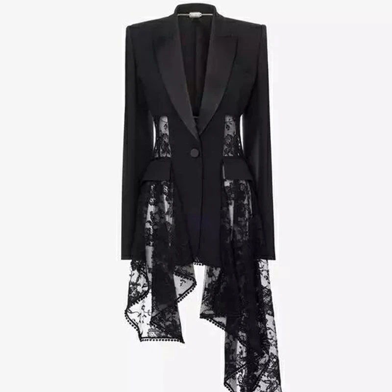

OXANT Lace Blazer Female Patchwork Hollow Out High Waist Asymmetrical Coats Large Size Womens 2019 Autumn Sexy Clothing