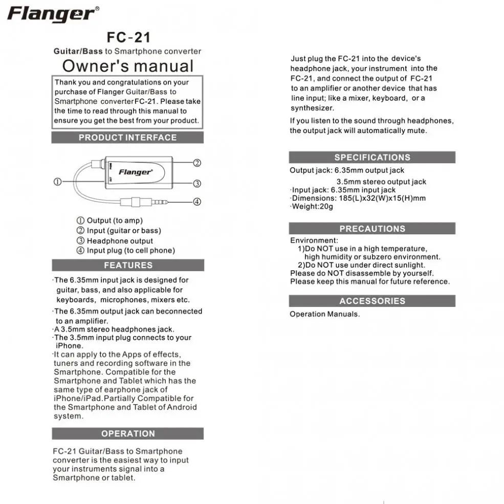 Flanger Высокое качество 3 5 мм выход гитара бас для смартфона эффект интерфейс