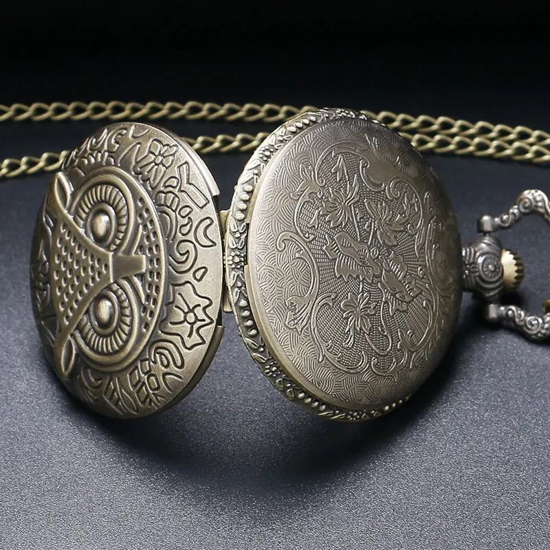 

Men Women Steampunk Quartz Pocket Watch Night Owl Cute Fob Clock Bronze Antique Pendant With Necklace Chain Gift