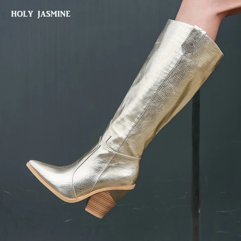 

2019 Winter New Gold silver Knee high Boots Women Pointy Toe Spike Kitten heels Winter Long High heels Knight Boots Cowboy boots