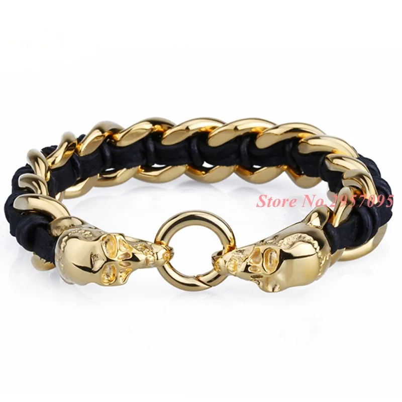 

Fashion Cool Men Jewelry Punk Rock Design Leather Male Bracelet Stainless Steel Gold Shull Head bangle free shipping