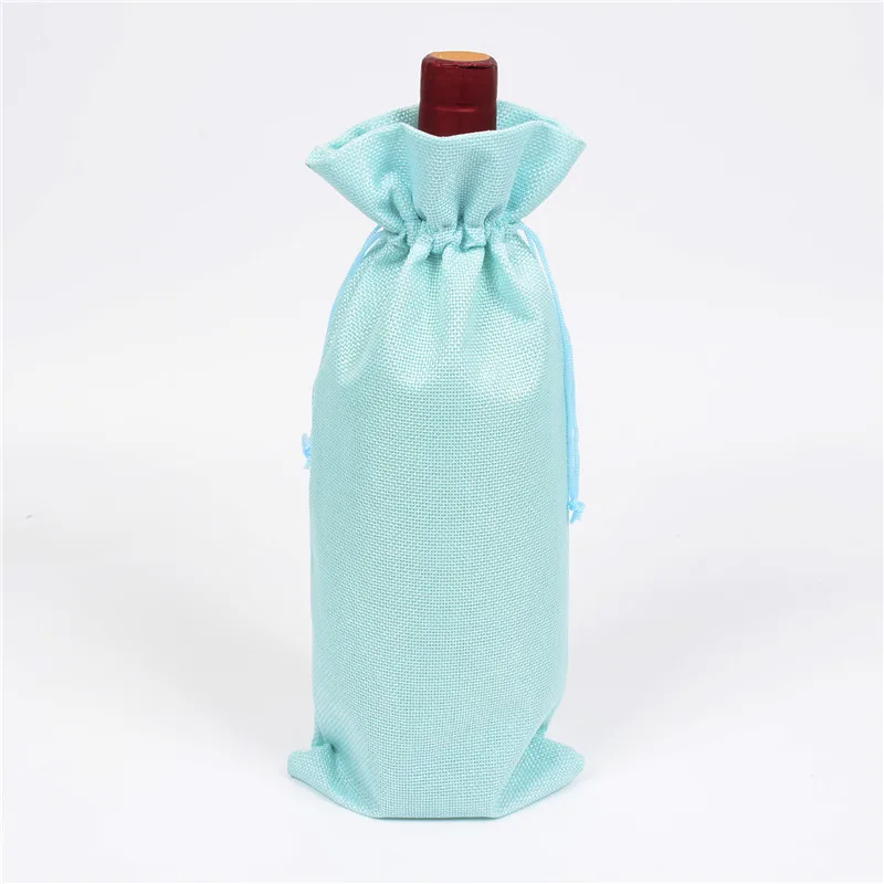 Cyan 1 pc 15*35cm Rustic Jute Burlap Wine Drawstring Bags Wine Bottle Covers Reusable Bottle Wrap Gift Package Wine Bags - Цвет: Cyan
