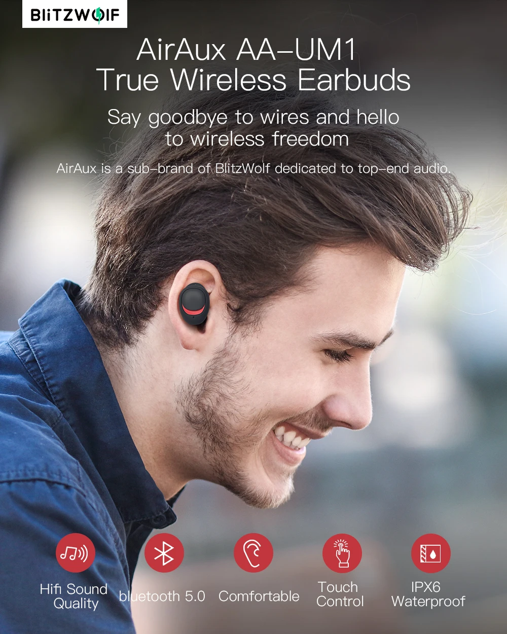AIRAUX True Беспроводной Bluetooth наушники гарнитура Hi Fi стерео Водонепроницаемый с