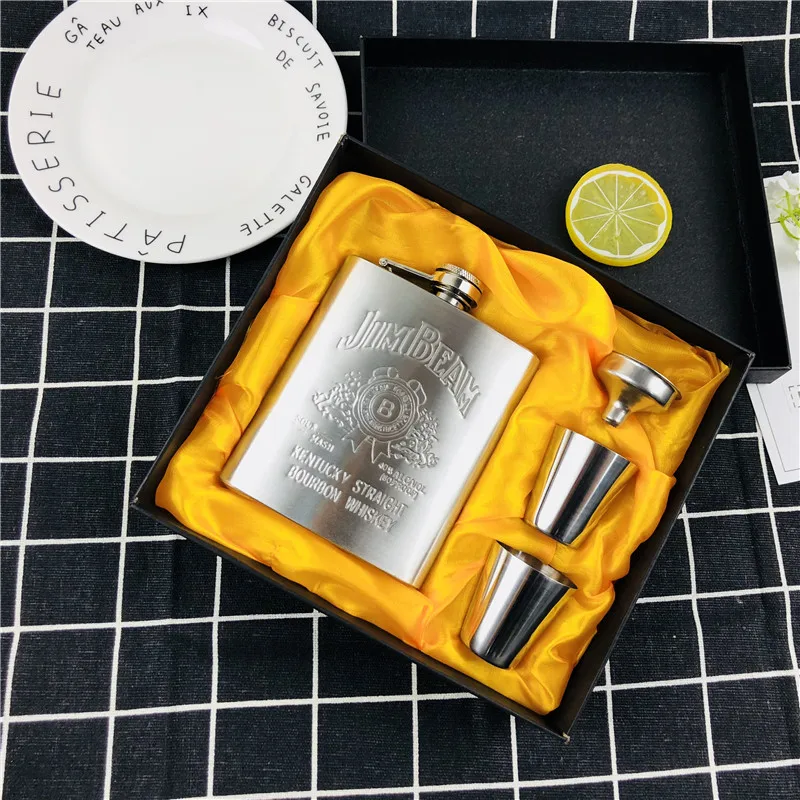 7 унций бутылка виски отпечаток Джек водка Воронка FLAGON 304 нержавеющая сталь алкоголь ликер бедра фляжка чашки черный Фестиваль подарочная коробка набор