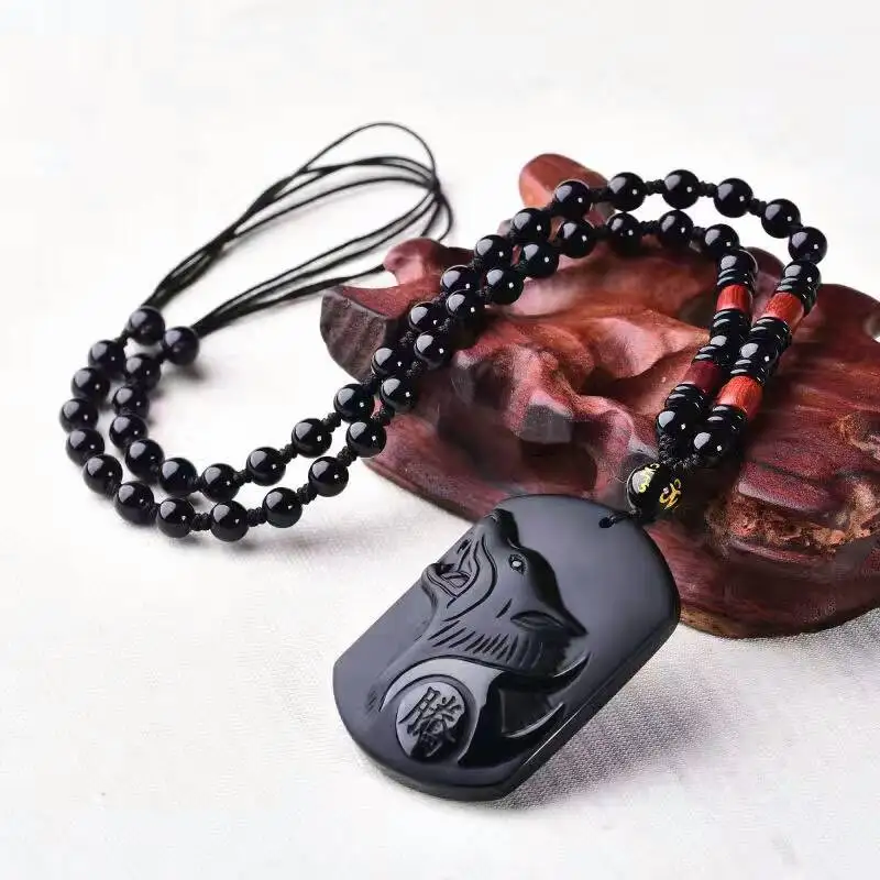 Natural Black Obsidian Carving Wolf Head Amulet pendant free necklace obsidian Blessing Lucky pendants fashion Jewelry | Дом и сад