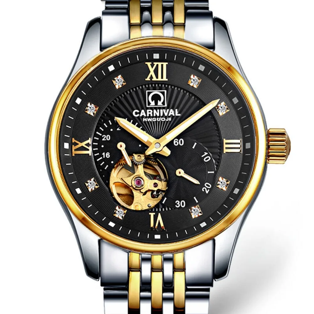 

Carvinal Mens Business Waterproof Steel Watchband Automatic Self-Wind Mechanical Watch Wristwatch - gold bezel black dial