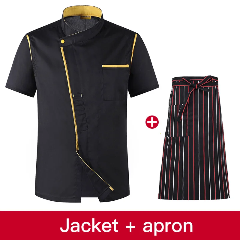 High Quality unisex Short Sleeve Chef uniform Restaurant Hotel Kitchen Workwear Breathable chef apron jacket M-4XL cooking shirt - Цвет: jacket apron