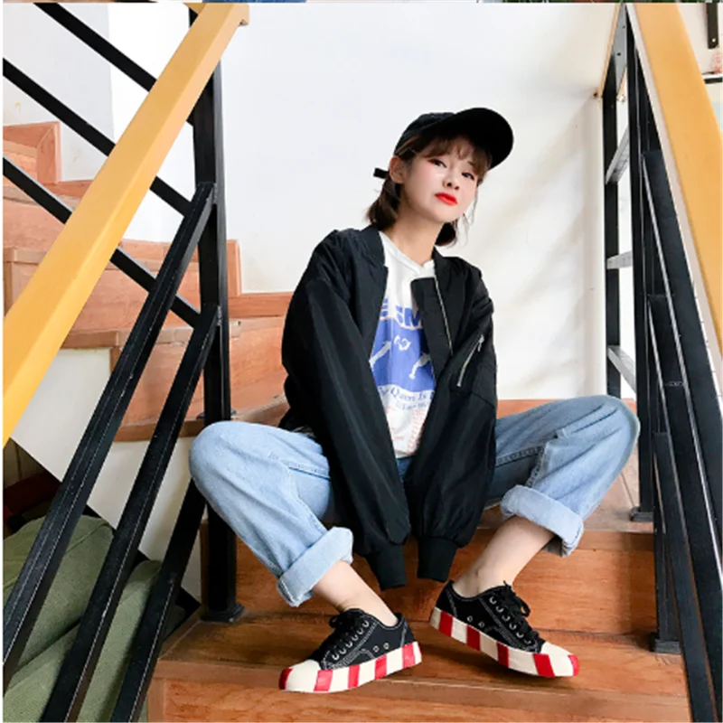 

Casual Fall Baseball Jacket Women Loose Regual Fashion Black Soild Zippers Jacket Plus Size 2019