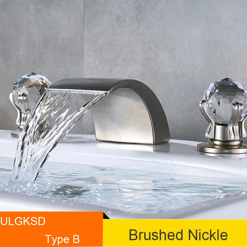 brushed nickel ULGKSD Золотой смеситель для раковины водопад кран Две ручки хрустальный шар смесители Смеситель для ванной комнаты - Цвет: brushed nickel