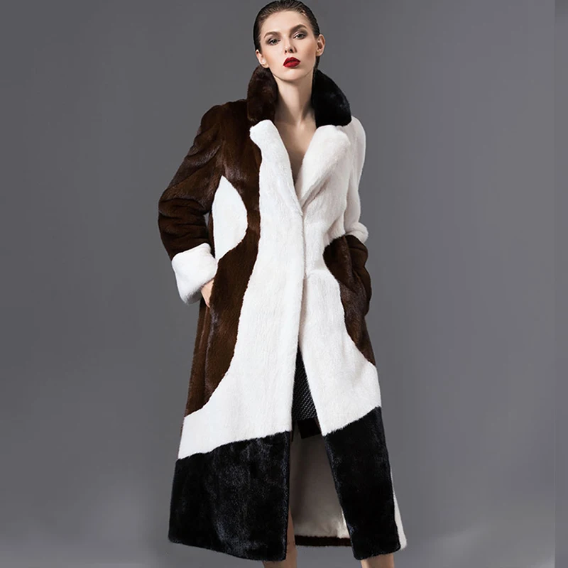 LVCHI Winter 2019 Import Mink Fur Coat Women's Long Sleeve Coat Patchwork Color Real Natural Fur X-Long Tassel Causal Mink Coats