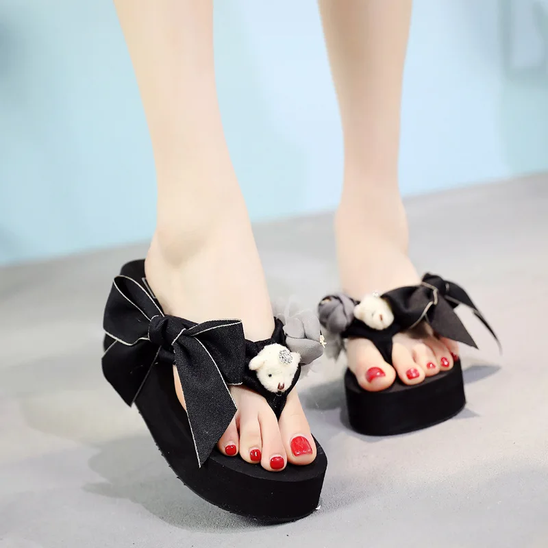 Сандалии на платформе с бантиком-бабочкой карамельных цветов плюшевые шлепанцы