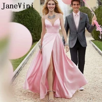 janevini elegant long pink prom dresses 2019 women sexy high slit satin v neck evening dress backless engagement party gowns