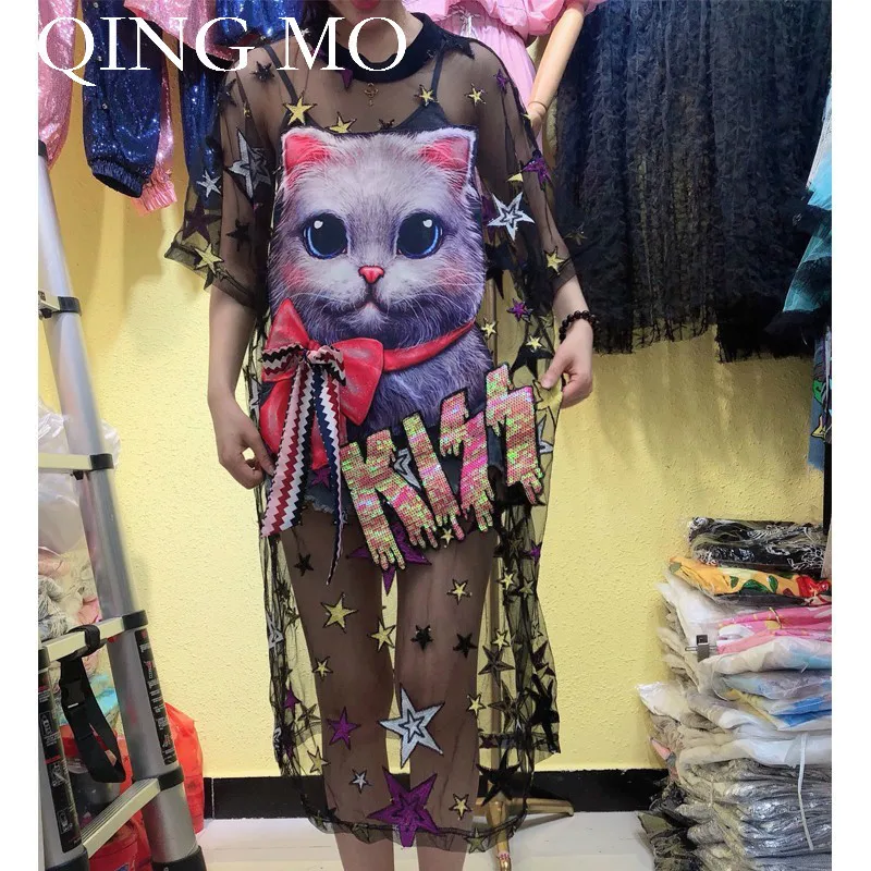 QING MO женское платье с принтом кота блестками сексуальное открытое летнее
