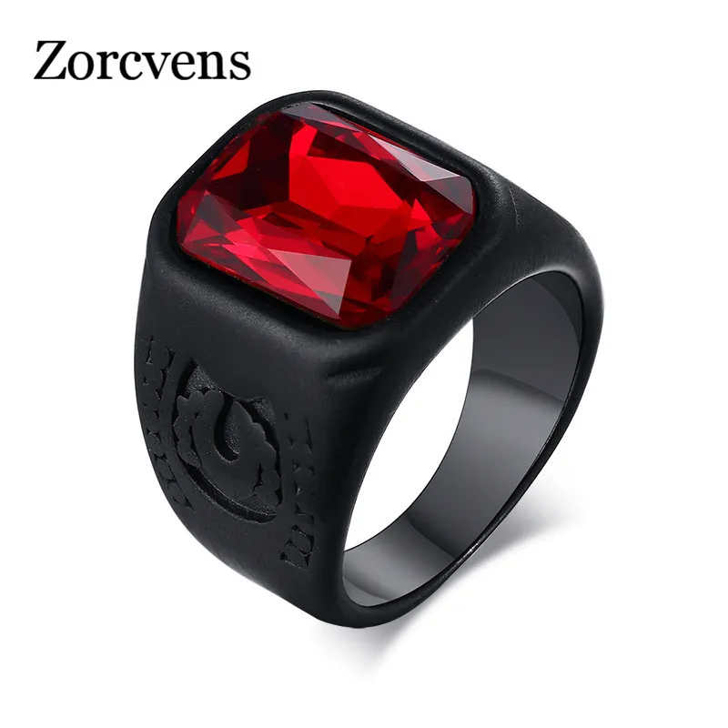 

ZORCVENS Punk Men Red Stone Ring Black Stainless Steel anillo masculino Alliance with Red Infinity Stones Male Accessory