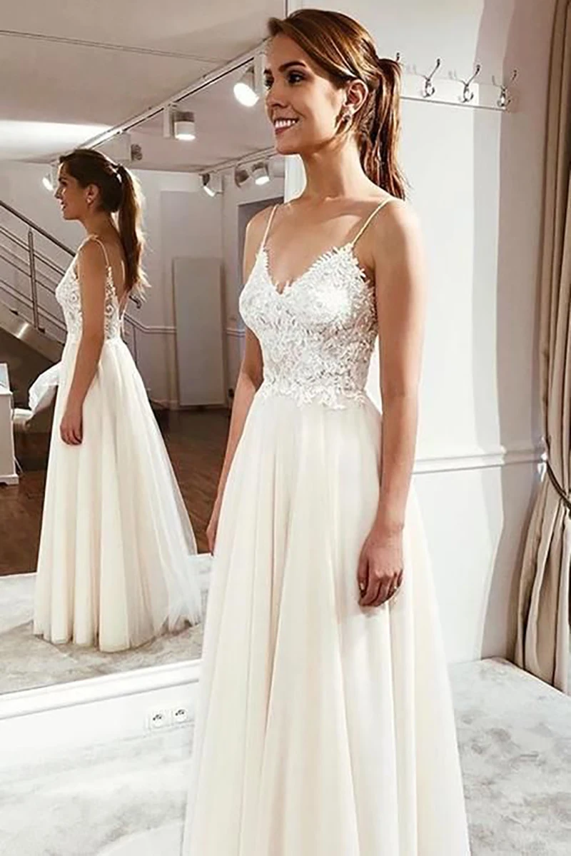 

LORIE Beach Wedding Dress 2019 Spaghetti Straps Top Lace Boho Bride Dress Sexy Appliques Wedding Gown Custom Made vestido de