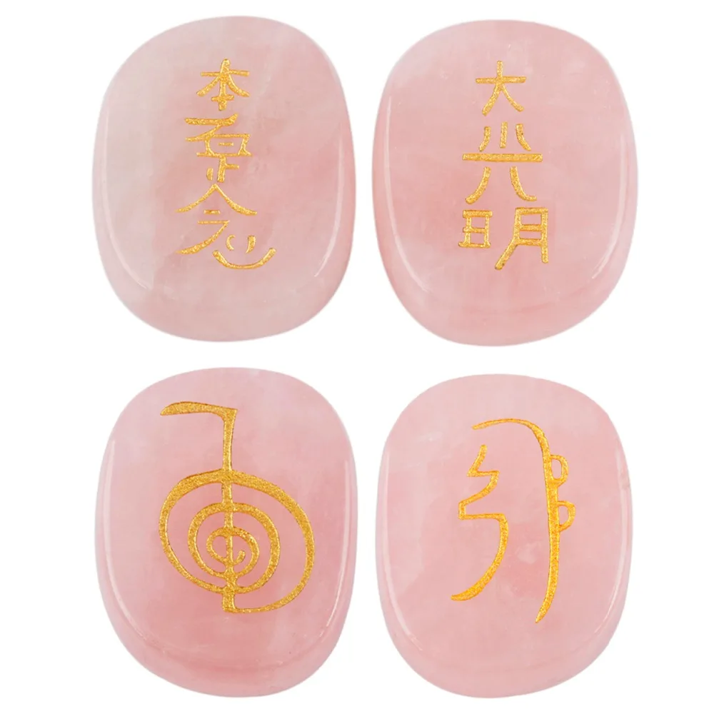 

TUMBEELLUWA 1Set (4Pc) Rose Quartz Engraved Stone,Palm Usui Stone Healing Crystal Chakra Reiki Symbols