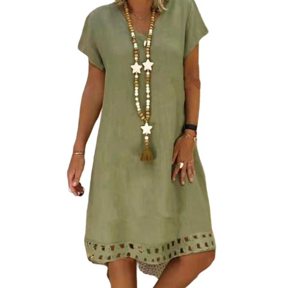 

Cotton Linen Dress Summer Women Sukienka Sexy Short Sleeve Solid Club Party Dress Plus Size Xl 5xl Casual V Neck Dress Robe 2021