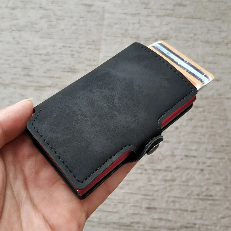 RFID Блокировка винтажный кожаный кредитный держатель для карт мужской металлический алюминиевый сплав Бизнес ID визитница тонкий кошелек чехол для карт кошелек - Цвет: black and red alloy