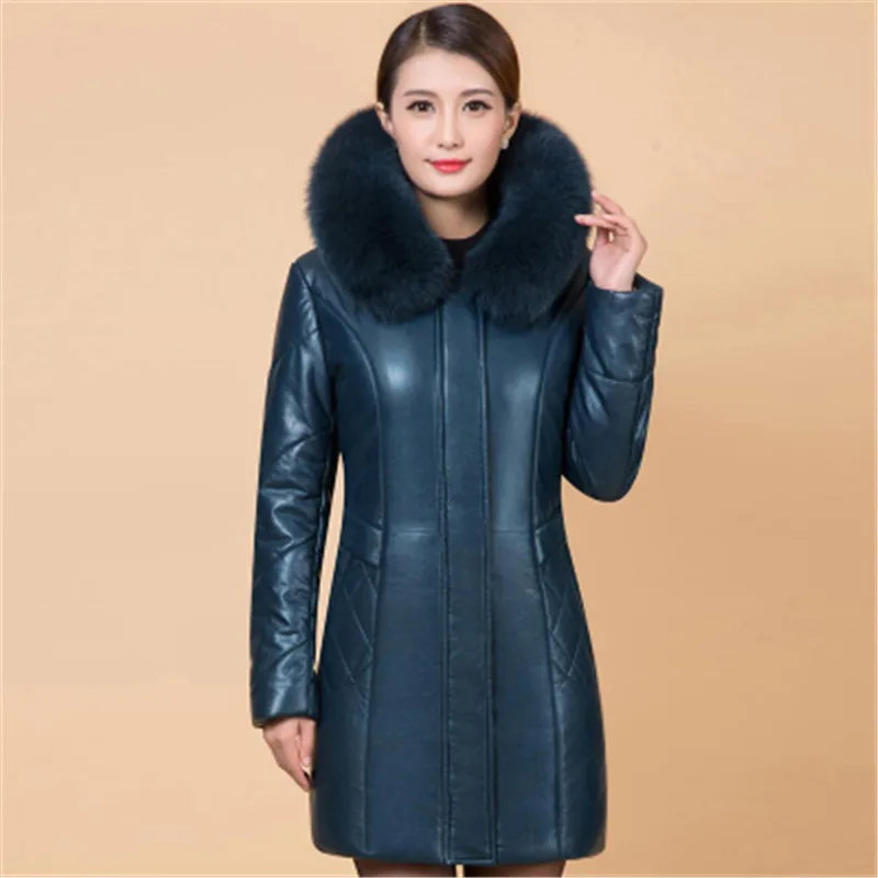 blue Большие размеры 6XL, женская кожаная хлопковая куртка среднего возраста, пальто, зимние теплые парки, толстая куртка с капюшоном, изысканные хлопковые пальто OKXGNZ - Цвет: blue