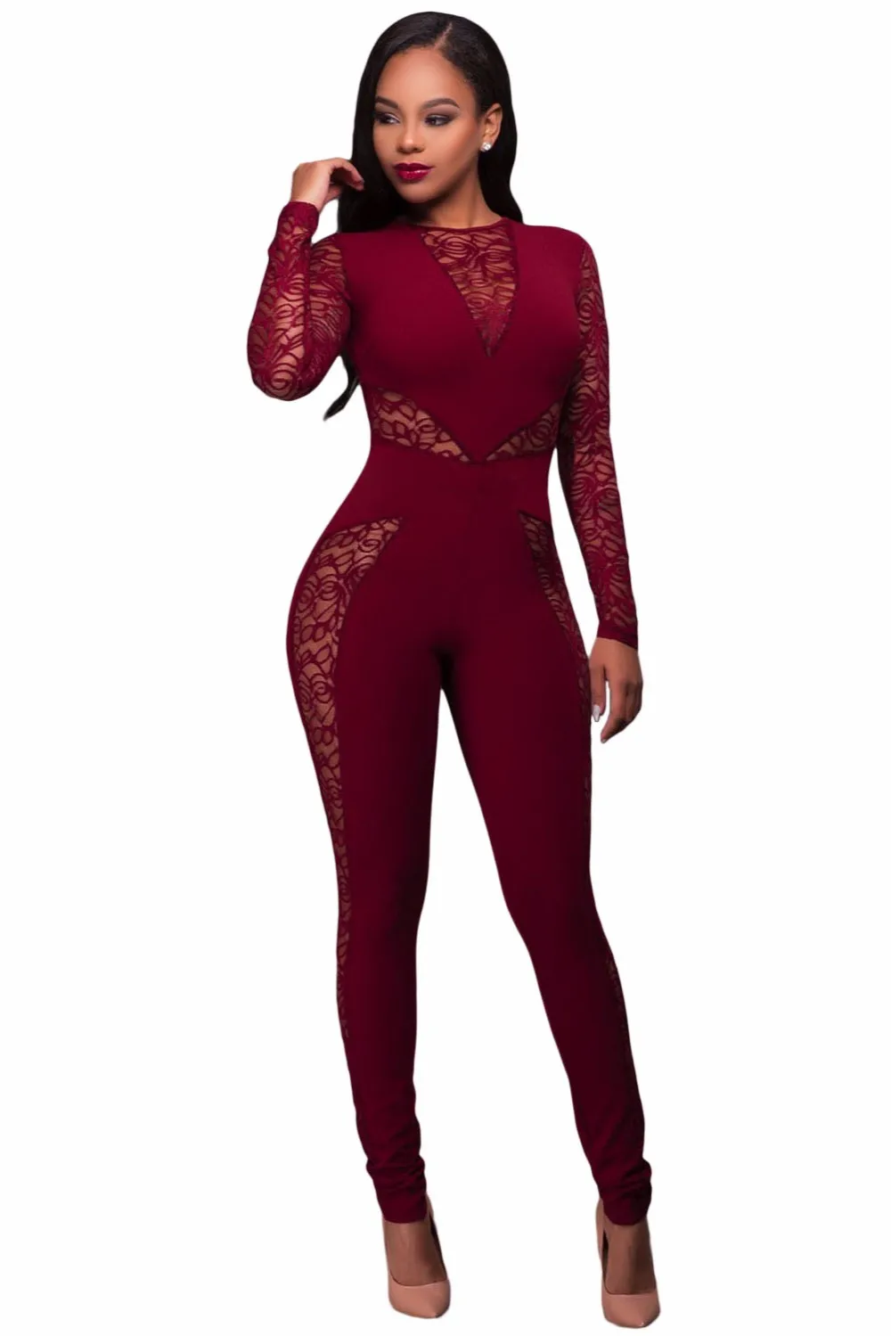 Мода 2017 Осень Зима Bodycon Комбинезоны Женщин Комбинезон Purlish Красный Кружева Специй