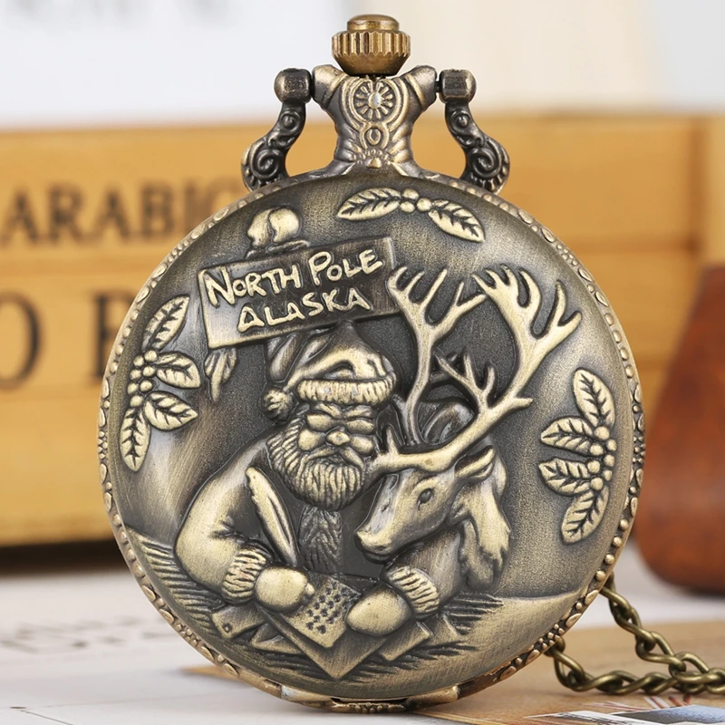 

Retro North Pole Alaska Santa Claus Elk Deer Quartz Pocket Watch Necklace Pendant Souvenir Gifts For Men Women Reloj de madera