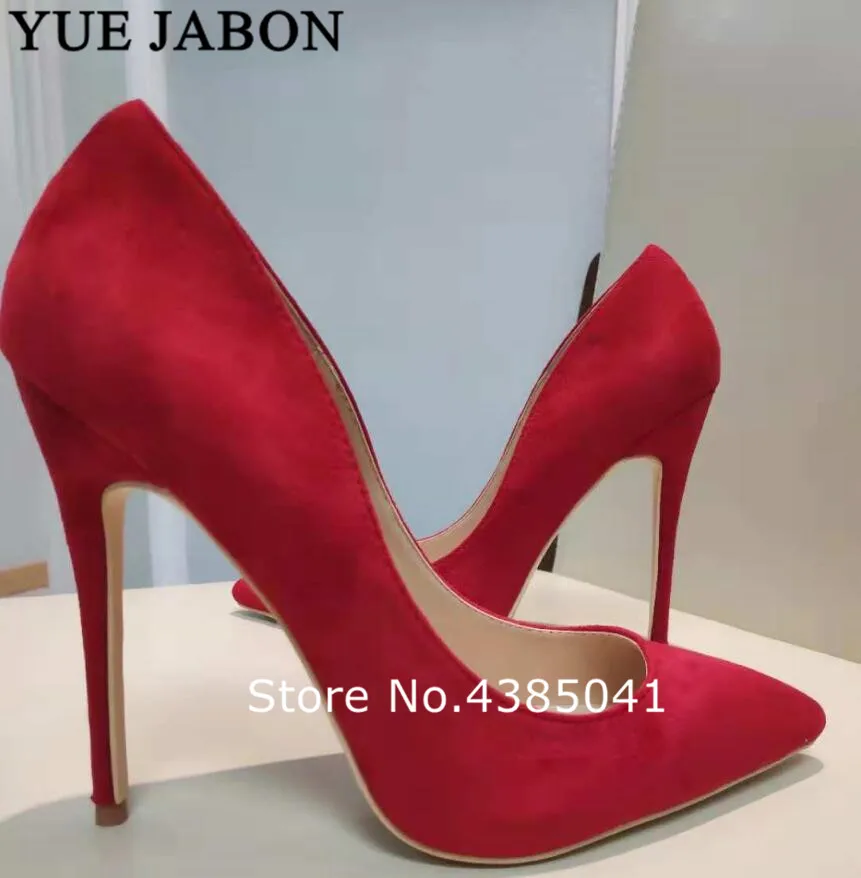 

YUE JABON Suede Pointed Toe Stiletto Heels Dress Pumps Shallow Slip-on 8/10/12cm Ultra High Heel Banquet Shoes Red Color