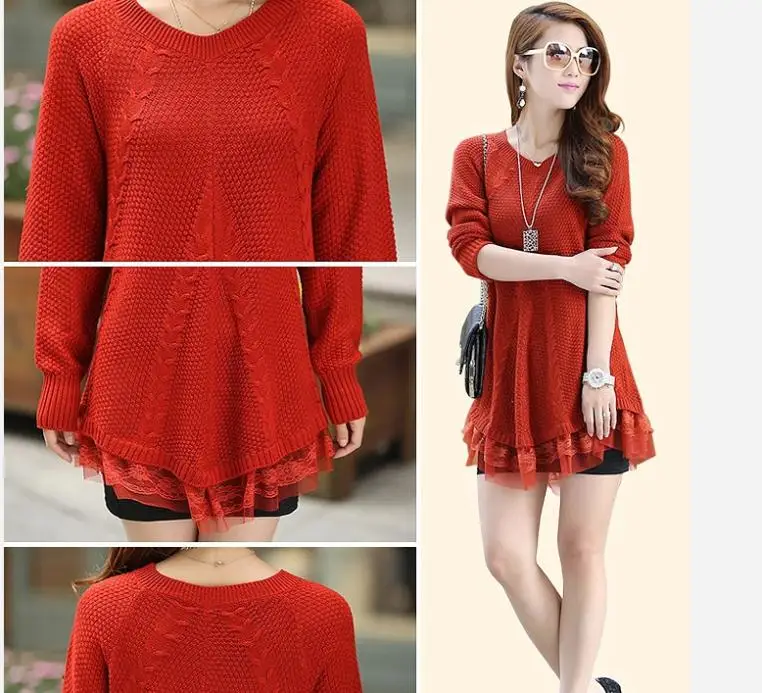 Винтаж Хлопок Blend Кружева Женщин Платье Длинные Стиль Трикотажные Свитера Jumper