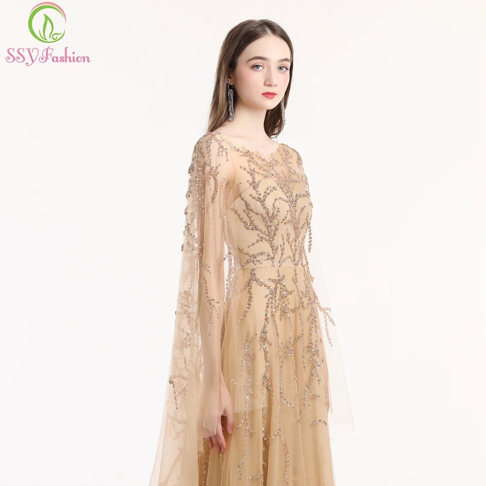 Женское вечернее платье с блестками SSYFashion, роскошное платье цвета шампанского со шлейфом, бальное платье для выпускной вечеринки, индивидуальный пошив