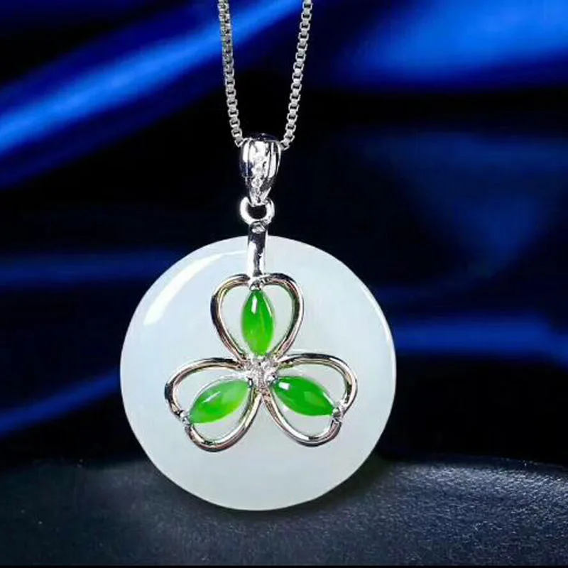 

925 Silver Inlaid Hetian Jade Pendant Clover Safe Buckle Necklace Lucky Amulet Friends To Send Relatives