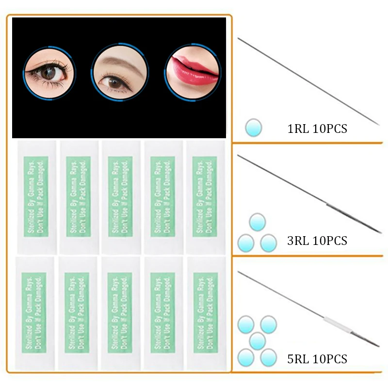 Стерилизованные иглы для татуажа бровей 1.3.5RL Перманентный макияж машина