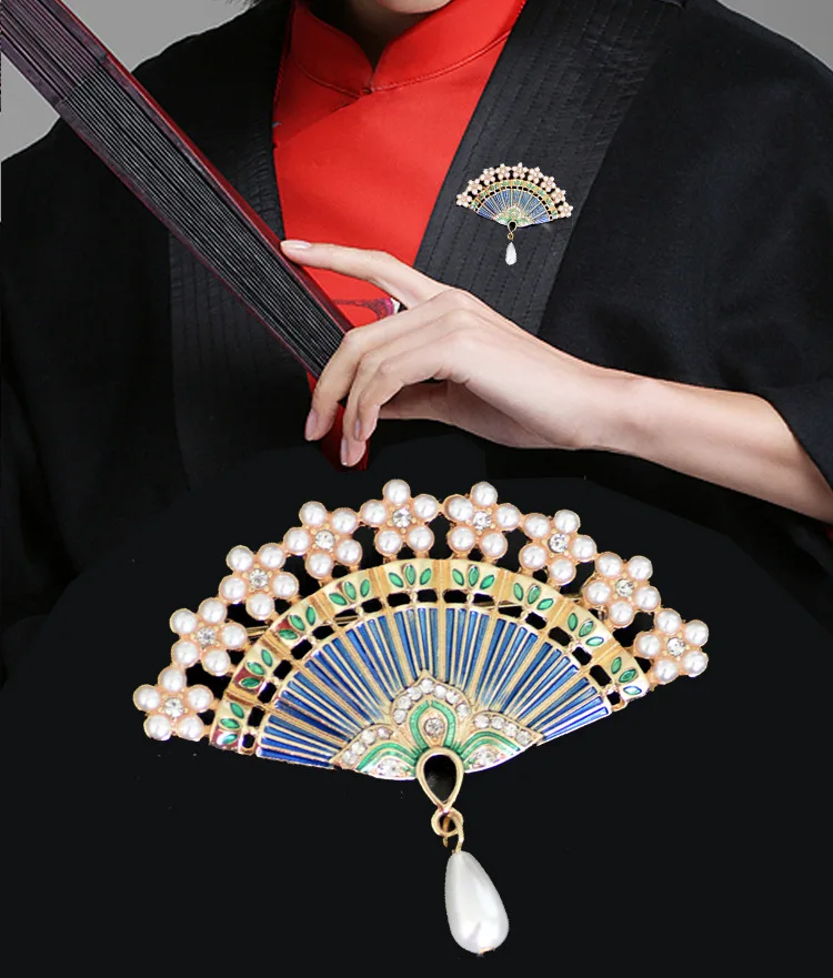 KingDeng Brooch Chinese Style Pearl Gifts for Women Personality Jewelry Unisex Vintage Zinc Alloy Brooches Fan Colorful | Украшения и